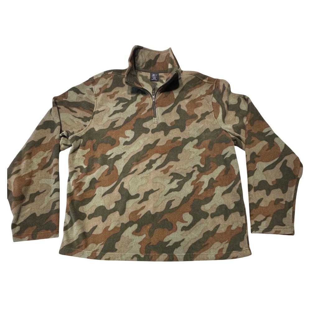 Starter Fleece Pullover Mens L Camo Polyester Quarter Zip Brown Green Regular